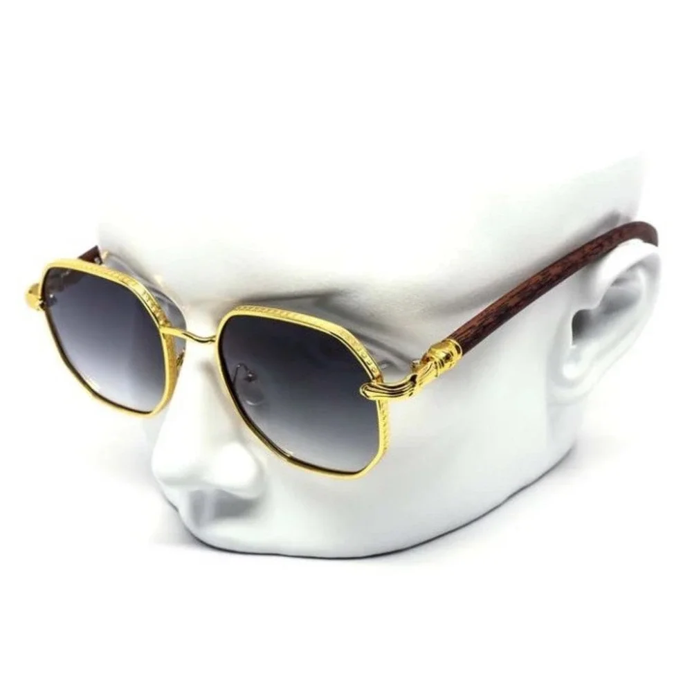 Mens Round Sunglasses Gold Frame Black Gradient Lens Fashion Eyewear Retro Gafas